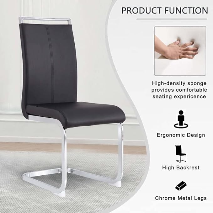Dining Chairs Set, Kitchen Modern Metal Chairs with Faux Leather Padded Seat High Back and Sturdy Chrome Legs, Chairs for Dining Room (Black-1, Set of 4)