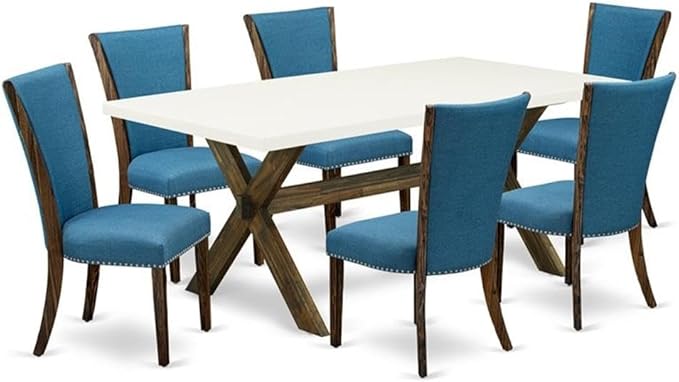 East West Furniture X727VE721-7 7 Piece Dining Room Table Set Consist of a Rectangle Dining Table with X-Legs and 6 Blue Color Linen Fabric Upholstered Chairs, 40x72 Inch, Multi-Color