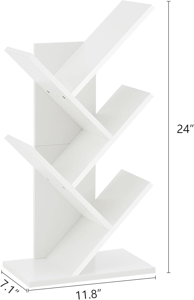Hoctieon 4 Tier Tree Bookshelf, 4 Shelf Bookcase, Free Standing Tree Bookcase, Display Floor Standing Shelf for Books, Book Organizer Shelves for Home Office, Living Room, Bedroom, White