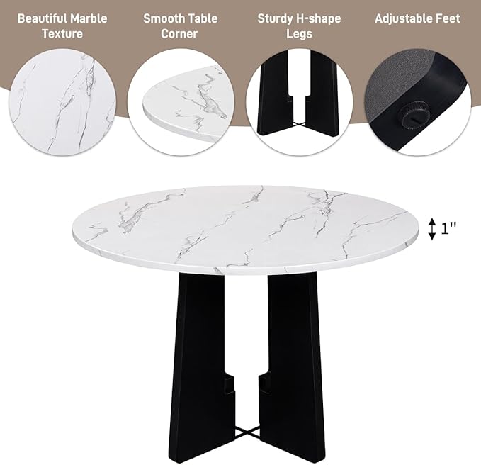 Merax 5-Piece Round Dining Table Set, Modern 4 Upholstered Chairs for Living,Kitchen Room, 43 Inch, Beige+White