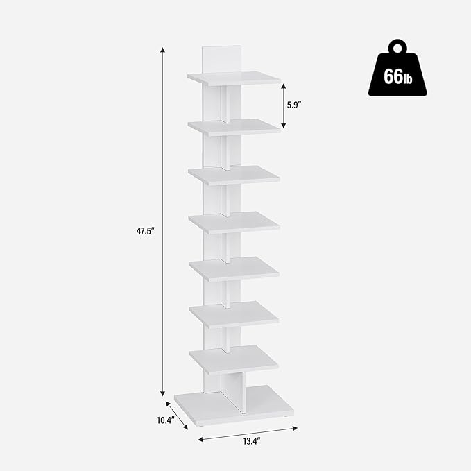 TUTOTAK Narrow Bookshelf, 8-Tier Bookcase, Spine Book Shelf for Small Space, Corner Standing Shelf for Living Room, Office, Study, Entryway, White BS06BW008