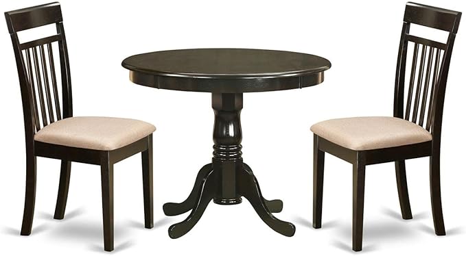 East West Furniture ANCA3-CAP-C 3 Piece Kitchen Table Set for Small Spaces Contains a Round Dining Table with Pedestal and 2 Linen Fabric Dining Room Chairs, 36x36 Inch, Cappuccino