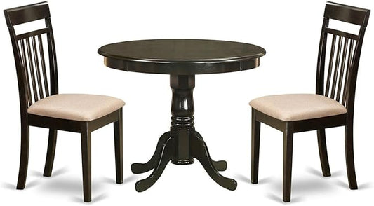East West Furniture ANCA3-CAP-C 3 Piece Kitchen Table Set for Small Spaces Contains a Round Dining Table with Pedestal and 2 Linen Fabric Dining Room Chairs, 36x36 Inch, Cappuccino