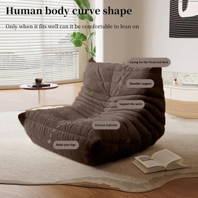 Bean Bag Chair - Memory Foam Bean Bag Chair for Adults, Comfy High-Resilience Single Sofa, Small Space Floor Chair, Chaise Lounge for Living Room, Bedroom (Dark Brown, Wrinkles)