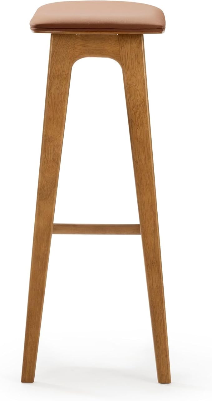 Plank+Beam Beryl Bar Height Stool - Mid-Century Modern Rubberwood Bar Stool with Faux Leather Seat, Metal Footrest, Easy Assembly, 2-Pack, Pecan/Toffee