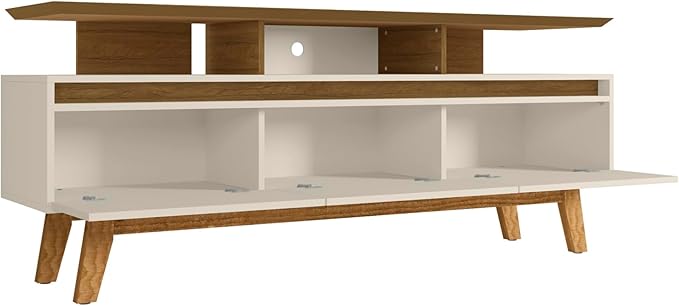Manhattan Comfort Yonkers 71 Inch Mid Century Modern TV Stand with Storage, 3 Flip Down Door, Hole for Wire Management, Fits Up to 60" Television, Durable & Versatile Console Table, Off White/Cinnamon