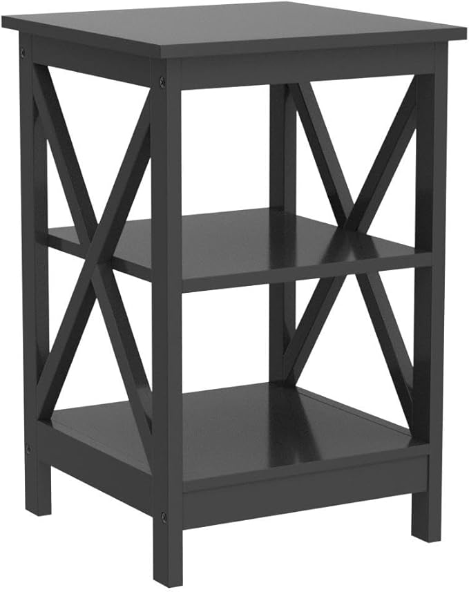 Yaheetech Black End Table Set of 2, 16x16x24 in Sturdy 3-Tier Side Tables with Storage Shelf & Solid Wood Legs, 2Pcs X-Design Modern Sofa Side Table for Living Room Office, Easy Assembly