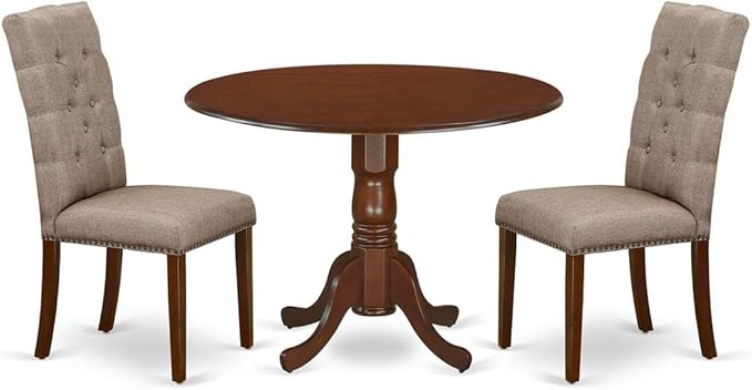 East West Furniture DLEL3-MAH-16 3 Piece Kitchen Table Set Contains a Round Dining Room Table with Dropleaf and 2 Dark Khaki Linen Fabric Upholstered Chairs, 42x42 Inch, Mahogany
