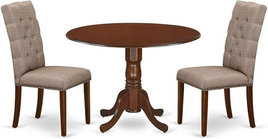 East West Furniture DLEL3-MAH-16 3 Piece Kitchen Table Set Contains a Round Dining Room Table with Dropleaf and 2 Dark Khaki Linen Fabric Upholstered Chairs, 42x42 Inch, Mahogany