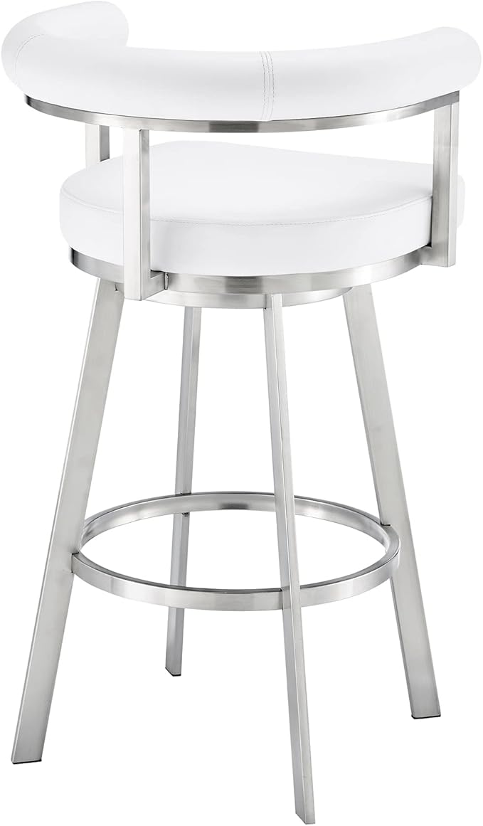 Armen Living Magnolia Swivel Bar Stool in Brushed Stainless Steel with White Faux Leather