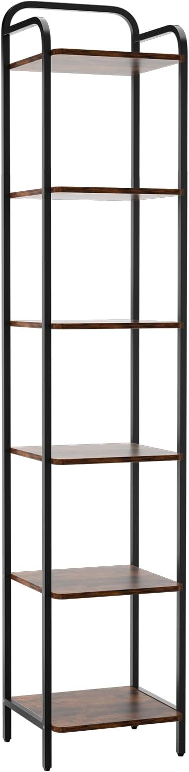 5 Tier Bookshelf, Bookcase with 5 Shelves, Storage Rack Organizer, Corner Wood Storage Shelf with Metal Frame for Bedroom, Living Room (Rustic Brown, 6 Tier)