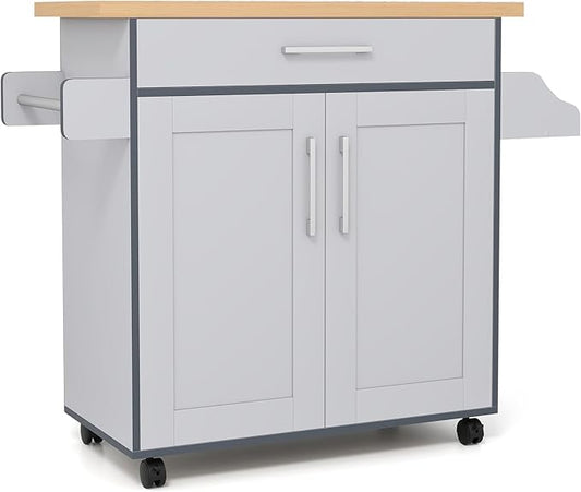 COSTWAY Kitchen Island On Wheels, Rolling Storage Trolley Cart with Large Cabinet, Drawer, Spice Rack and Towel Rack, Kitchen Serving Utility, 3-Position Adjustable Shelf (Grey)
