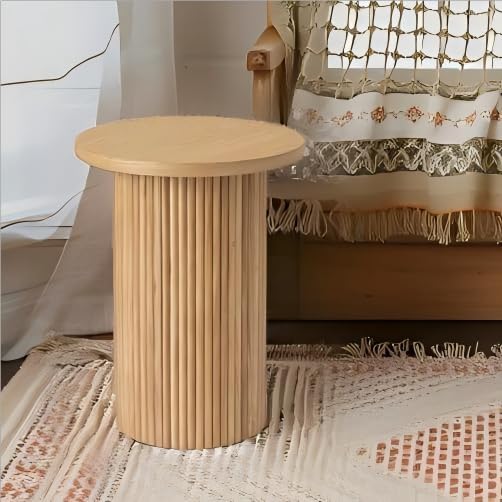 Round Side Table, Small Wood End Table Nightstand for Living Room, Bedroom, Office Small Spaces, Mid Century Modern Farmhouse Accent End Tables, Fluted Base Design, 16.93" D x 22.44" H
