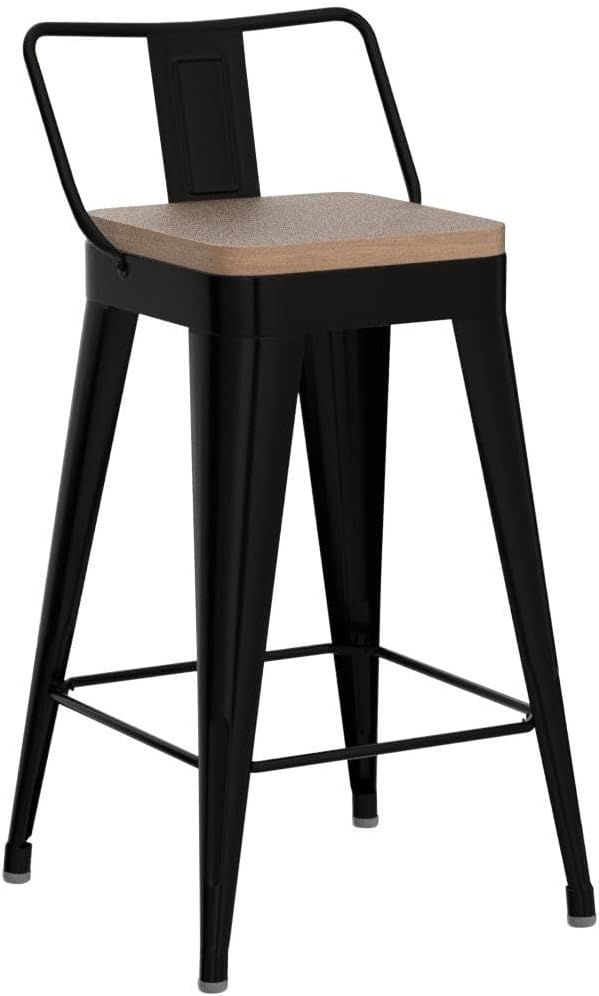 WENTMENT Metal Bar Stools Set of 4 Counter Height Barstools with Removable Back 26" Kitchen Bar Stools with Wooden Seat, Black