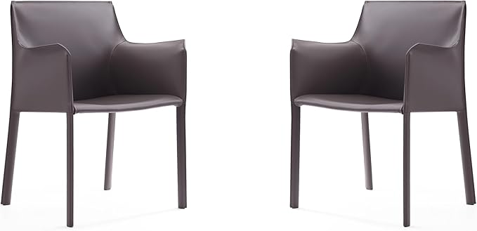Manhattan Comfort Paris Modern Saddle Leather Dining Chairs, Metal Frame, Comfortable Padded Seat, Fully Assembled Armchair Accent Furniture, Set of 2, Grey
