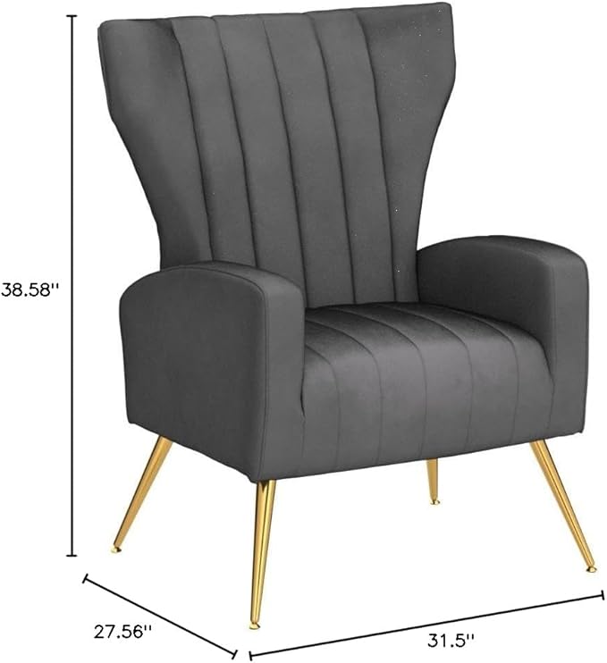 Container Furniture Direct Modern Velvet Accent Chair, Channel Tufted Bedroom, Office or Living Room Furniture with Elegant Metal Legs, 26" Wide Armchair, Grey