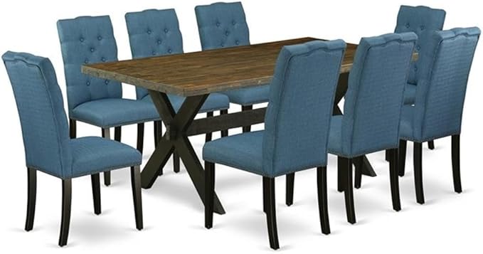 East West Furniture X677EL121-9 9 Piece Modern Dining Table Set Includes a Rectangle Wooden Table with X-Legs and 8 Blue Linen Fabric Parson Dining Room Chairs, 40x72 Inch, Multi-Color