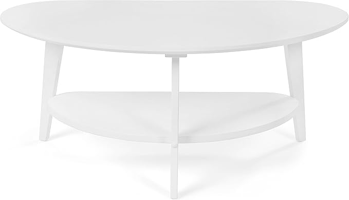 Mid-Century Modern Coffee Table for Living Room, 100% Solid Wood Oval Coffee Table, 2 Tier Wooden Coffee Tables for Home Office Livingroom, 40.2 x 22 Inches Easy Assemble (White)
