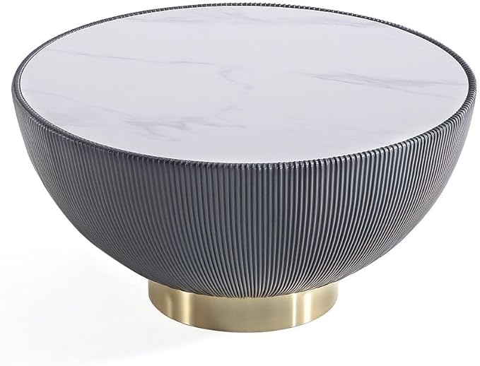 Manhattan Comfort Anderson Modern 28.15" Round Coffee Table 2.0 - Ceramic Marble Tabletop, Elegant Pleated Leatherette Details & Gold Base, Fully Assembled Accent Furniture, Set of 1, Grey