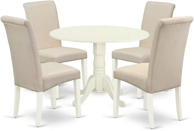 East West Furniture DLBA5-WHI-01 5 Piece Dining Table Set for 4 Includes a Round Kitchen Table with Dropleaf and 4 Cream Linen Fabric Parson Dining Chairs, 42x42 Inch, Linen White