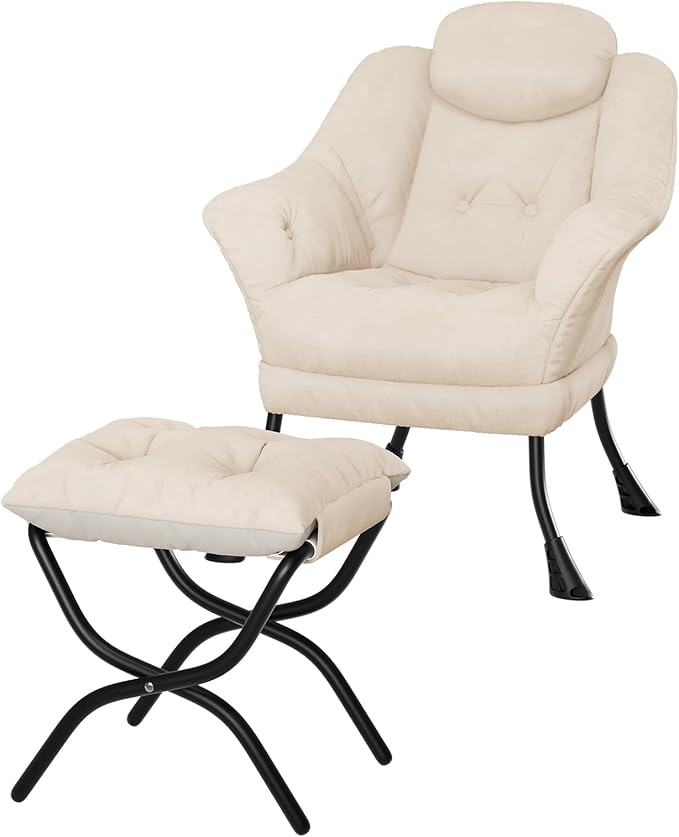 IDEALHOUSE Lazy Chair with Ottoman - Modern Living Room Chairs for Small Spaces, Ergonomic Reading Chair with Armrests, Comfy Chair with Ottoman for Bedroom & Living Room, Beige