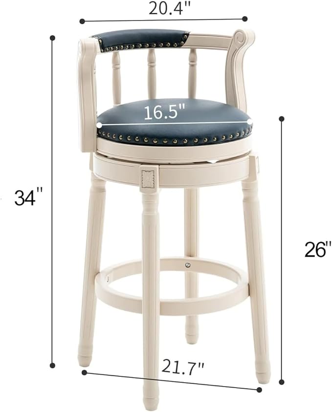 Cow top Leather Wooden Bar Stools, 360 Degree Swivel Bar Height Chair with Backs for Home Kitchen Counter, Morden Chair Barstools (Ivory Wood 1pc-Blue Seat, Counter Height-Seat Height 26”)