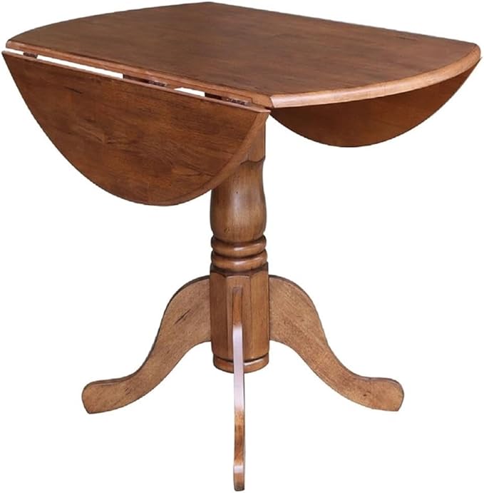 IC International Concepts 42-Inch Round Dual Drop Leaf Pedestal Dining Table, Elegant Space-Saving Furniture for Home and Office - Distressed Oak Finish