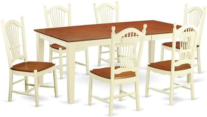 East West Furniture QUDO7-WHI-W 7 Piece Kitchen Table & Chairs Set Consist of a Rectangle Dining Room Table with Butterfly Leaf and 6 Solid Wood Seat Chairs, 40x78 Inch, Buttermilk & Cherry