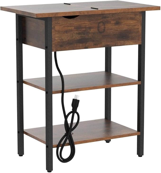 HOOBRO Set of 2 End Tables, Side Table with Charging Station, Flip Top Nightstand with USB Ports and Outlets, Bedside Tables with Shelf for Small Spaces, Living Room, Bedroom, Rustic Brown BF341BZP201