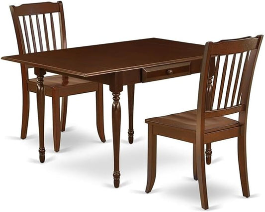 East West Furniture MZDA3-MAH-W 3 Piece Dining Room Furniture Set Contains a Rectangle Kitchen Table with Dropleaf and 2 Dining Chairs, 36x54 Inch, Mahogany