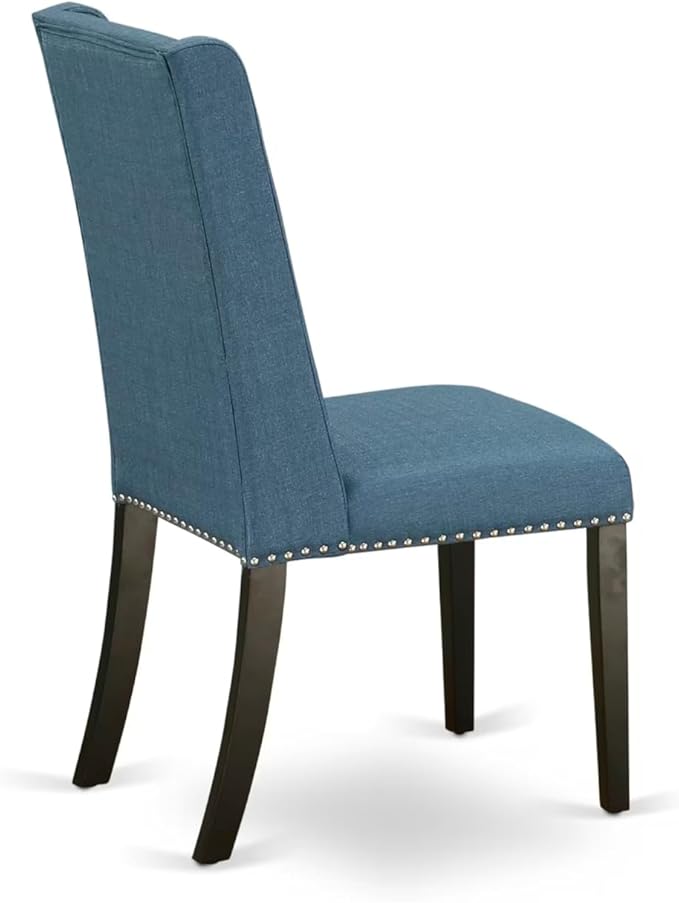 NEFL5-SBB-21-5-Piece Kitchen Dining Set Consists of a Dining Table and 4 Mineral Blue Linen Fabric Dining Chairs with Padded Chair Back - Sand Blasting Black Finish.