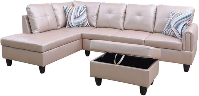 Latte L-Shaped 3-Piece Faux Leather Sofa with Storage Ottoman Set, Sectional Couch Sofa Set for Living Room, Office, Small Space