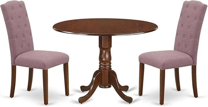 East West Furniture DLCE3-MAH-10 3 Piece Dinette Set for Small Spaces Contains a Round Dining Table with Dropleaf and 2 Dahlia Linen Fabric Parsons Dining Chairs, 42x42 Inch, Mahogany