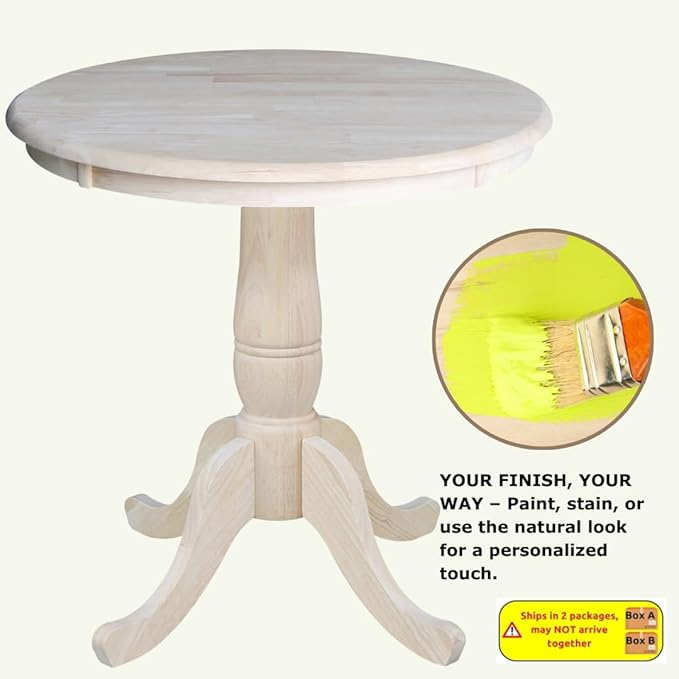 International Concepts 30" Round Top Pedestal Dining Table Solid Real Wood, Sturdy Parawood, Dimensions 30" D x 30" W x 28.8" H, Paint/Stain Ready, Unfinished
