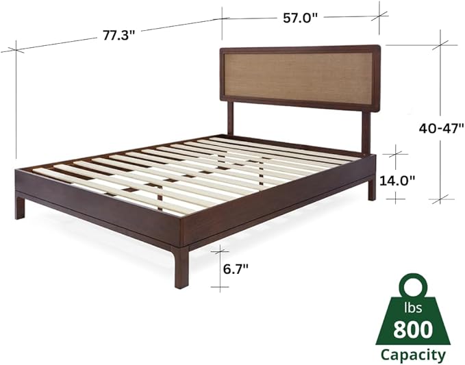 Bme Nipe Full 14 Inch Bohemian Bed Frame with Adjustable Wicker Headboard - Rustic & Vintage Unique Style with Acacia Wood - No Box Spring Needed - Easy Assembly - Walnut