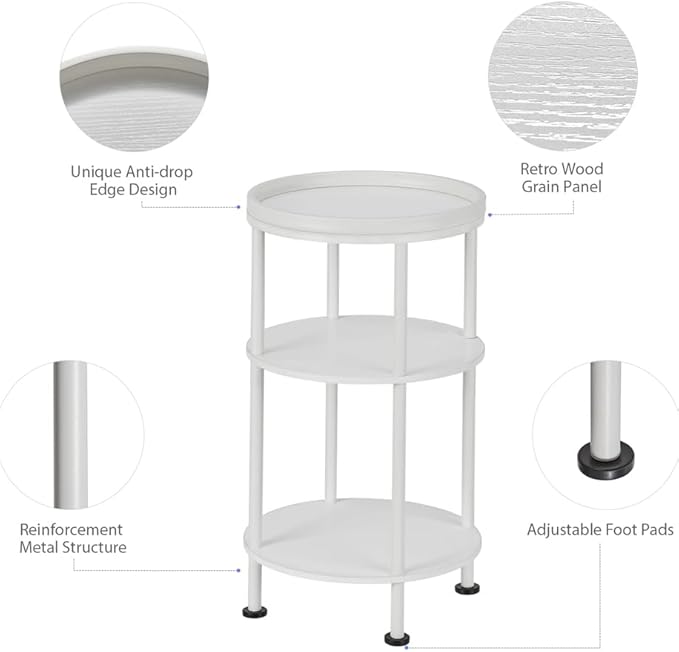 Small Round End Table with Charging Station, 3-Tier Accent Couch Beside Table with USB Ports & Power Outlets, Sofa Side Table for Living Room Small Nightstand Bedroom (Classic, White)
