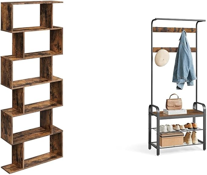 VASAGLE 6-Tier Bookshelf, Tall Display Shelf, Freestanding Storage Shelf, Rustic Brown ULBC61BX Coat Rack, Hall Tree with Shoe Bench for Entryway, Rustic Brown and Black UHSR40B