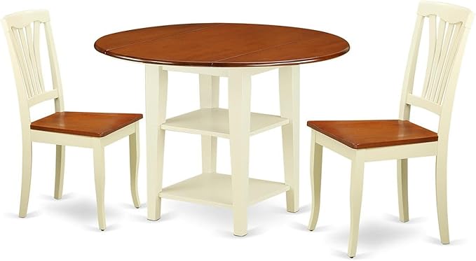 East West Furniture SUAV3-BMK-W 3 Piece Kitchen Table Set for Small Spaces Contains a Round Dining Table with Dropleaf & Shelves and 2 Dining Room Chairs, 42x42 Inch, Buttermilk & Cherry