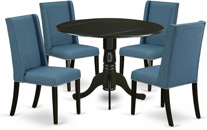 East West Furniture DLFL5-BLK-21 5 Piece Kitchen Table Set for 4 Includes a Round Dining Table with Dropleaf and 4 Blue Linen Fabric Parson Dining Room Chairs, 42x42 Inch, Black