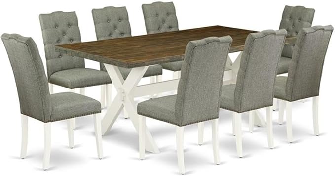 East West Furniture X077EL207-9 9 Piece Kitchen Table Set Includes a Rectangle Dining Table with X-Legs and 8 Gray Linen Fabric Parson Dining Room Chairs, 40x72 Inch, Multi-Color