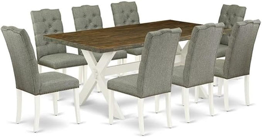 East West Furniture X077EL207-9 9 Piece Kitchen Table Set Includes a Rectangle Dining Table with X-Legs and 8 Gray Linen Fabric Parson Dining Room Chairs, 40x72 Inch, Multi-Color