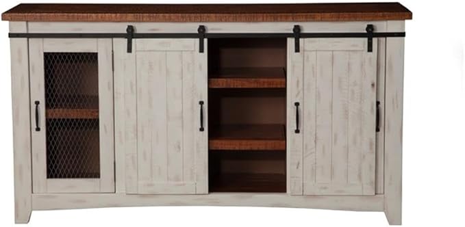 Martin Svensson Home Rustic 65” Solid Wood TV Stand with Storage, White and Aged Distressed Pine