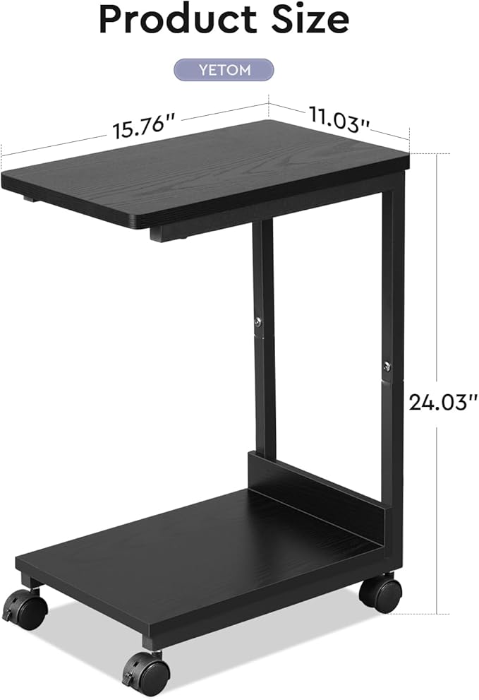 Side Table,C Table with 2-Tier Storage Shelf, End Table with Metal Frame, Sofa Table with Wheels for Living Room, Bedroom, Office, Bathroom, Easy Assembly, Black