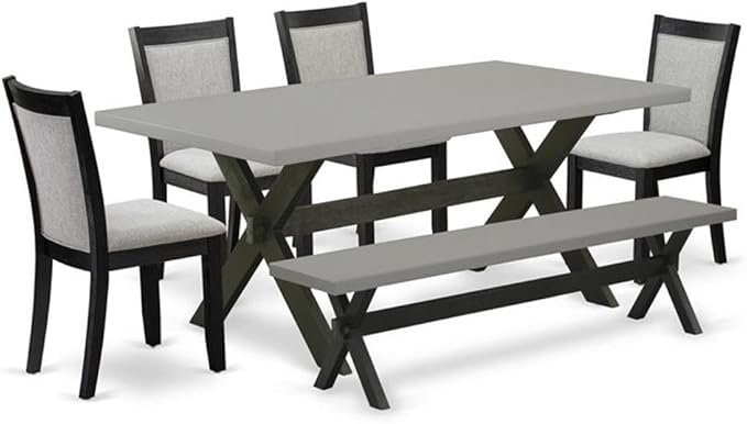 East West Furniture X697MZ606-6 6 Piece Dinette Set Contains a Rectangle Dining Table with X-Legs and 4 Shitake Linen Fabric Parson Chairs with a Bench, 40x72 Inch, Multi-Color