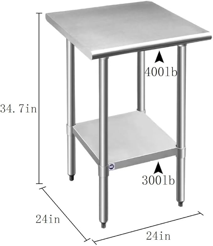 ROCKPOINT Stainless Steel Table for Prep & Work 24x24 Inches, NSF Metal Commercial Kitchen Table with Adjustable Under Shelf and Table Foot for Restaurant, Home and Hotel
