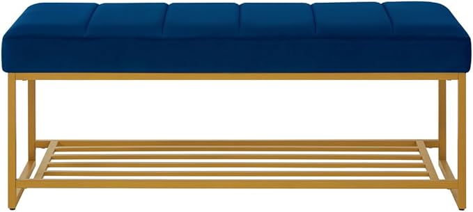 24KF Navy Velvet Upholstered End of Bed Bench with Metal Shelf, Modern Tufted Channel Entryway Bench Footboard Bench for Living Room, Bedroom, Gold Bench,5036-Navy