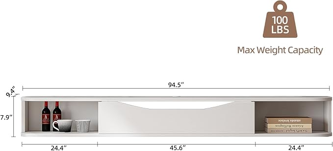 Floating TV Stand,94'' Wall Mounted TV Cabinet,Floating TV Console,Under TV Shelf with 1 Door and 2 Cabinets for TVs up to 90''(White)