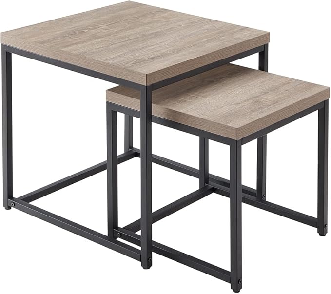 CENSI 20"x20" French Oak Nesting End Side Table, Accent Coffee Table, Square Shape, Grey Wood Finish, Blakc Metal Frame, Space-Saving, Modern Industrial Style