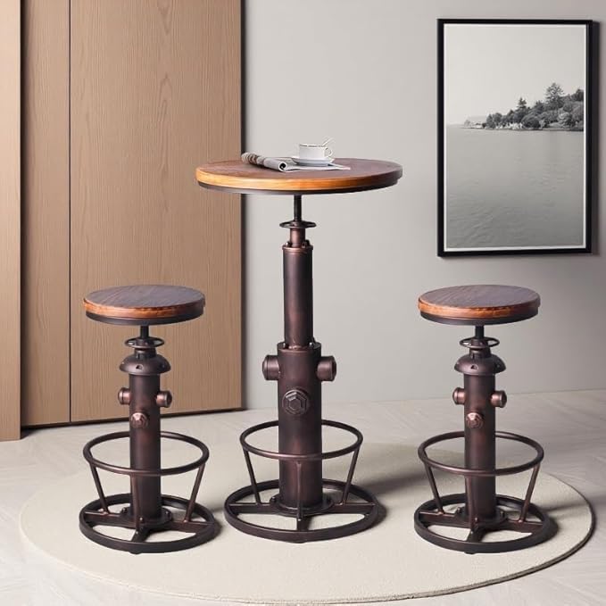 Industrial Bar Table Swivel Round Wooden Top Height Adjustable 38.6-44.4inch Vintage Kitchen Dining Chair Coffee Table Hydrant Design Bistro Table