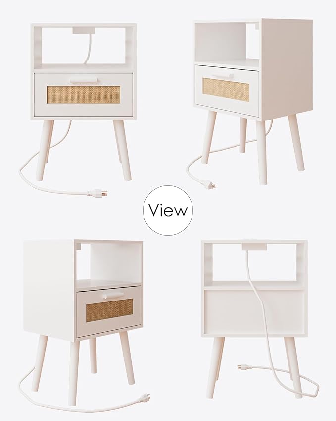Bedroom Nightstands Wooden Night Stands with Rattan Weaving Drawer Home Bedside End Table for Bedroom Storage (Modern-White)